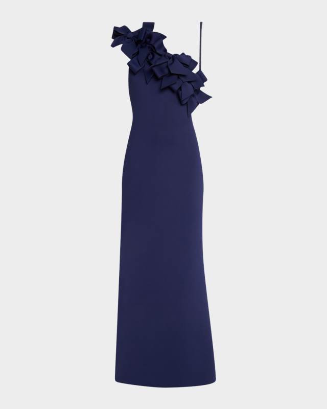 One-Shoulder Bow Ruffle Scuba Gown
